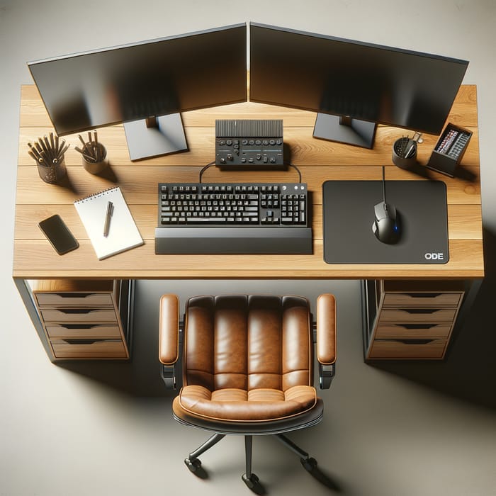 Modern Oak Computer Desk Setup with Dual Monitors and Gaming Mouse Pad