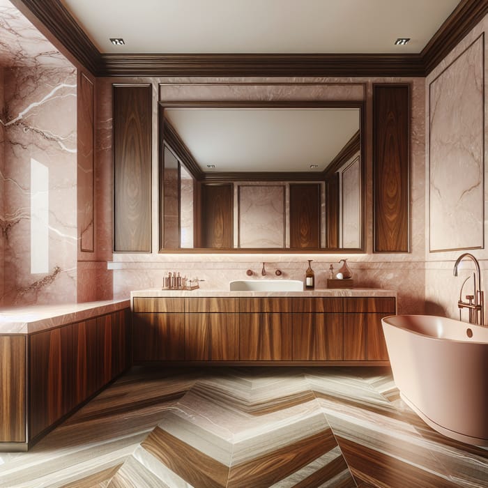 Opulent Pink Marble & Walnut Wood Bathroom with Freestanding Bathtub