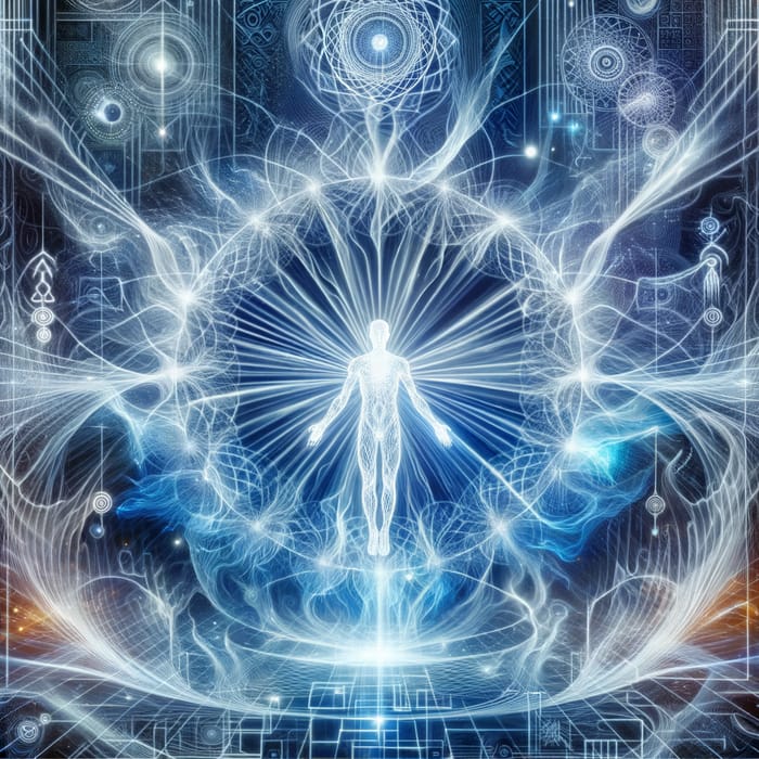 Ethereal Human Figure with Blue Energy Lines | Sacred Geometry Art