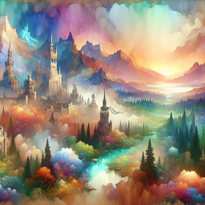 Enchanting Watercolor Magic Kingdom Landscape