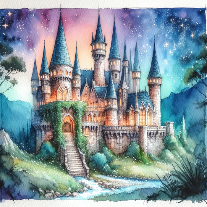 Magical Castle Watercolor Scene