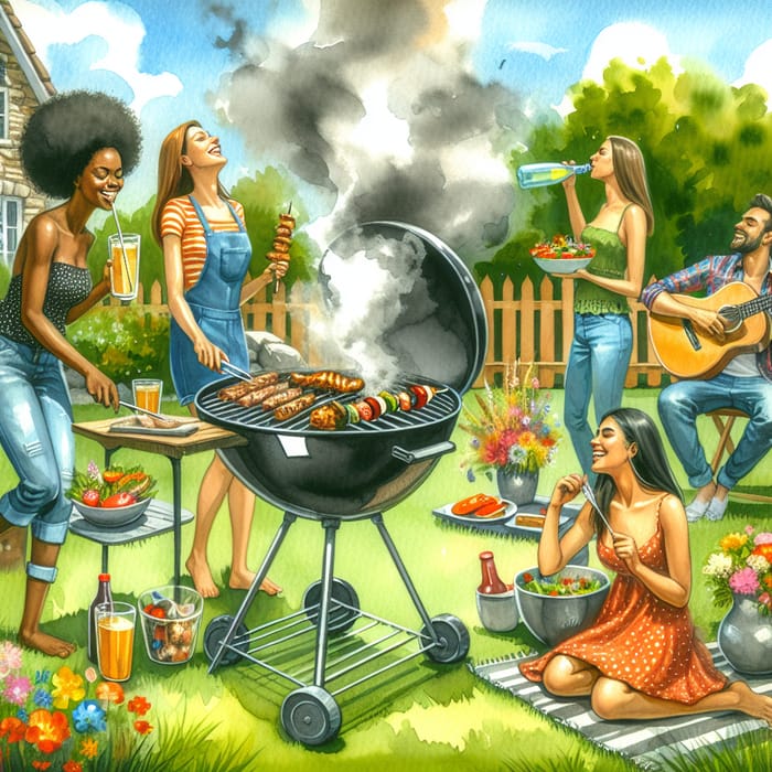 Vibrant Outdoor BBQ Watercolor Artwork
