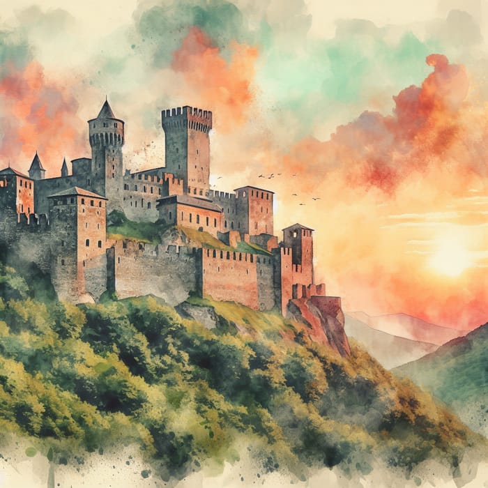 Ancient Fortress Castle Watercolor Illustration - Majestic Hilltop View