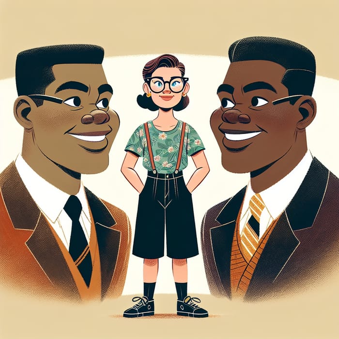 Young Woman with Glasses and Muscular Brothers in Cartoon Style