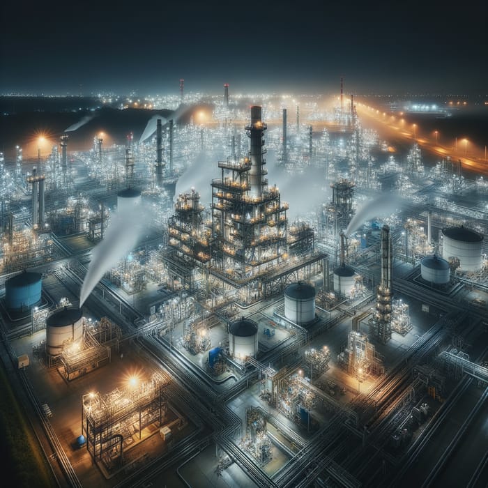 Chemical Plant Night View: Industrial Complex Illuminated