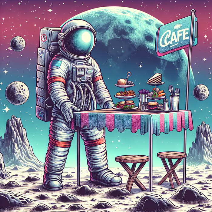 Astronaut Dining on Moon: Colorful Cafe Banner