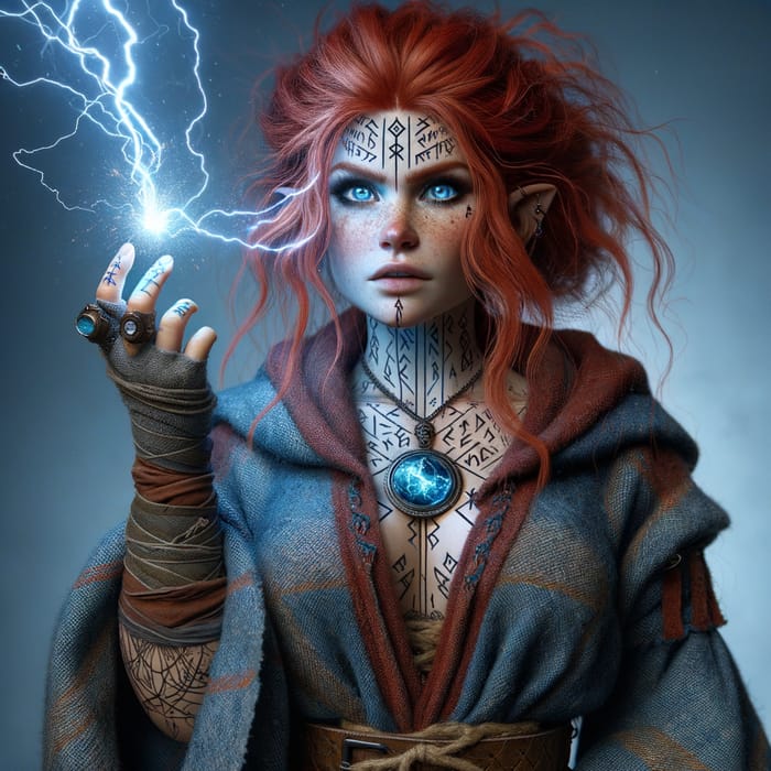 Red-Haired She-Dwarf Sorceress with Lightning Power and Gem Necklace