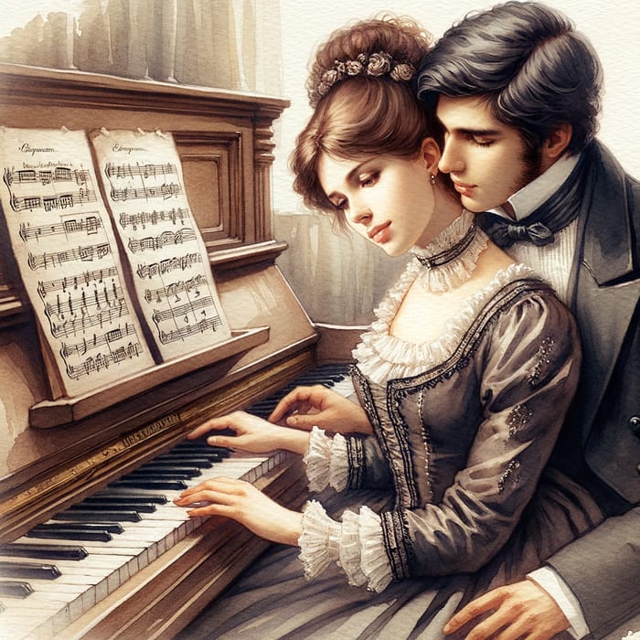 Romantic Watercolor of Musicians in 19th Century Setting