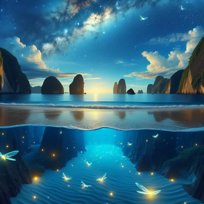 Serene Ocean with Floating Islands, Milky Way, and Glowing Fireflies