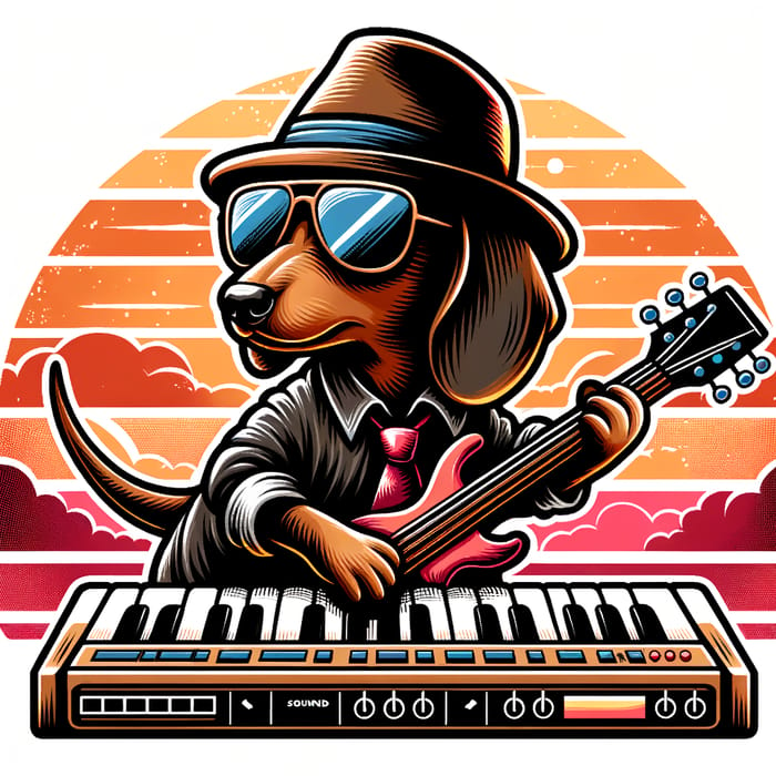Cartoon Dachshund Musician: Vintage Sunset Keyboard Art