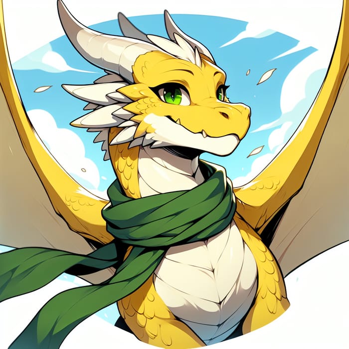 Majestic Yellow Dragon Soaring with Green-Eyed Kindness