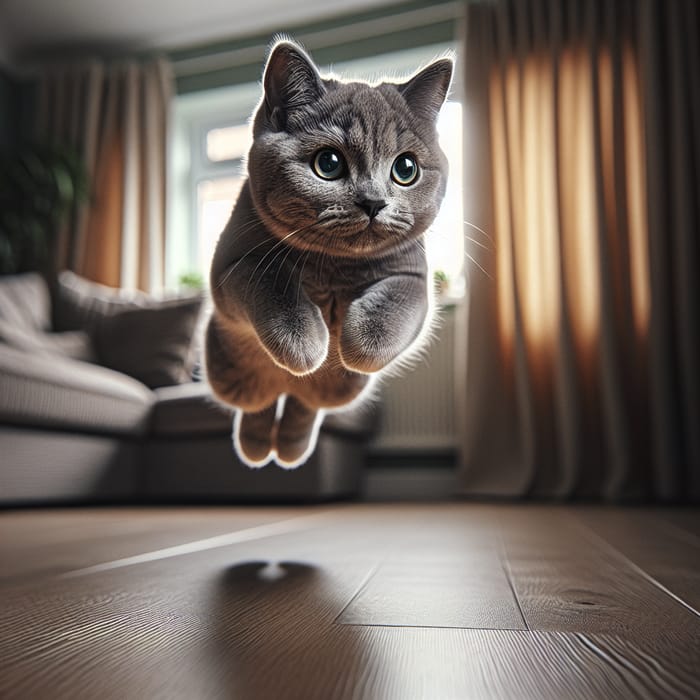 Graceful Grey Cat in Mid-Leap - Stunning Feline Image
