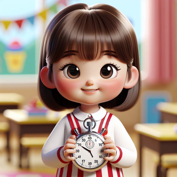 Captivating Girl Character Holding Stopwatch | Playful Kinder Classroom Setting