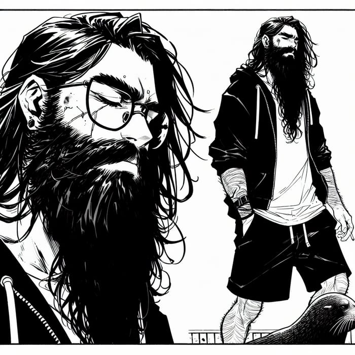 Thoughtful Hispanic Male with Long Black Hair and Beard, Wearing Glasses and Casual Attire Holding a Cigarette, Black and White Comic Style Portrait with Scar, Close-Up Scene with Seal Companion
