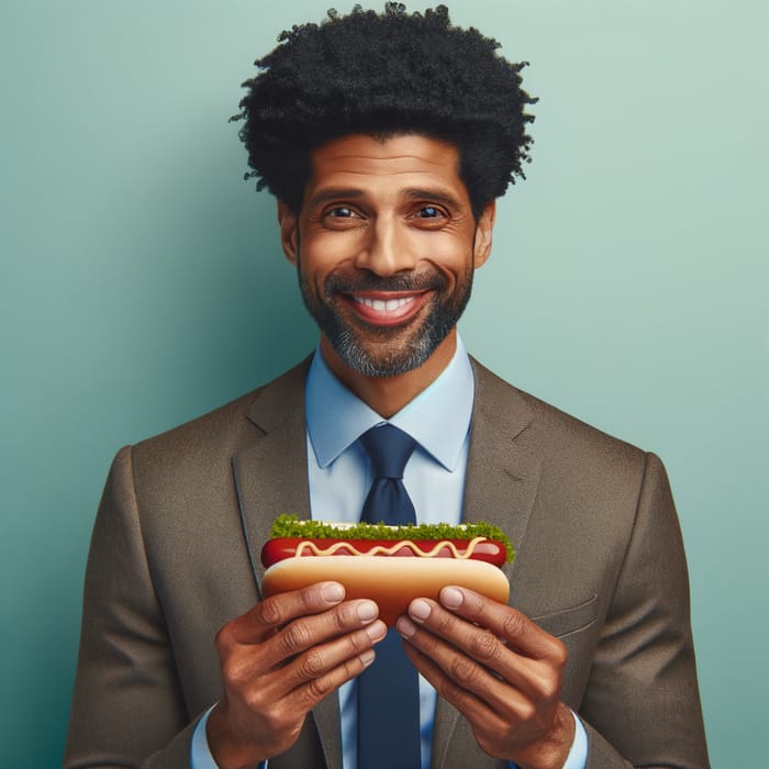 Middle-Aged African-American Man Smiling with Hot Dog