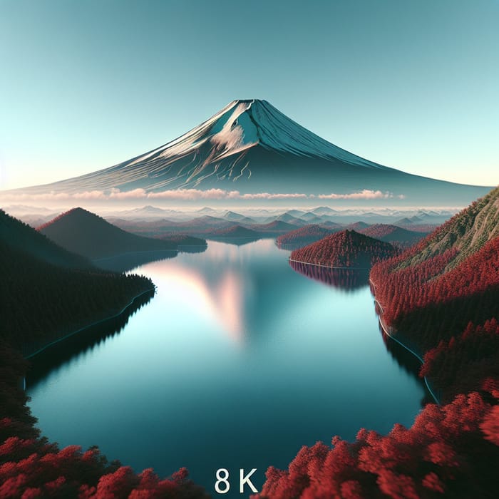 Fujiyama Volcano Serene Landscape with Red Trees and Lake, Realism 8K