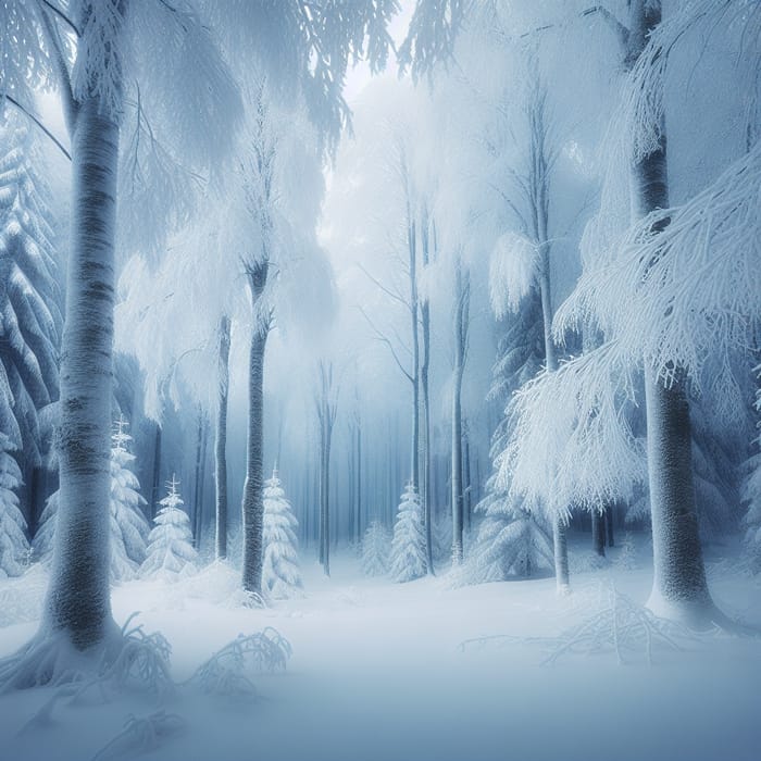Snow Frost Covered Trees in Serene Winter Landscape