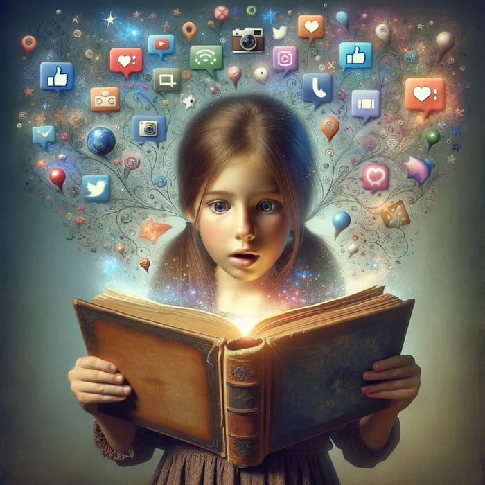 Girl Holding Open Book with Social Media Magic