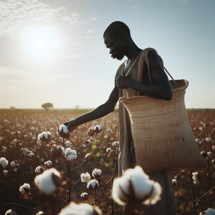 Black Farmer Picking Cotton in Sunlit Fields