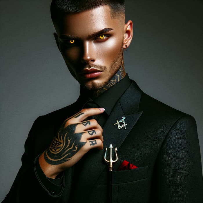 Power and Mystery Embodied: Modern Demon in Black Suit with Masonic Symbol Tattoo