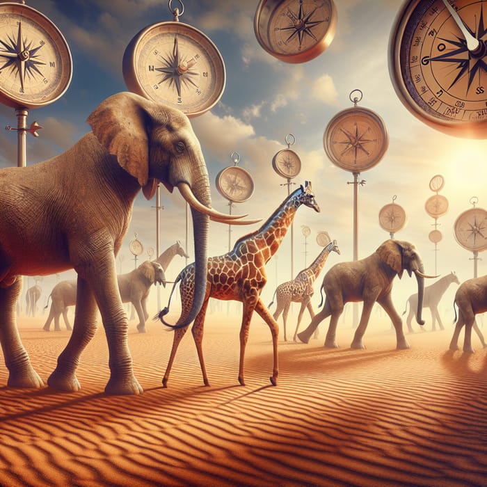 Surreal Desert Elephants with Giraffe Legs and Floating Compasses