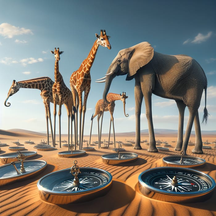 Elephant-Giraffe Hybrid in Desert with Compasses