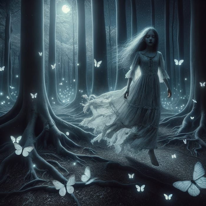 Eerie Girl Roaming Dark Forest