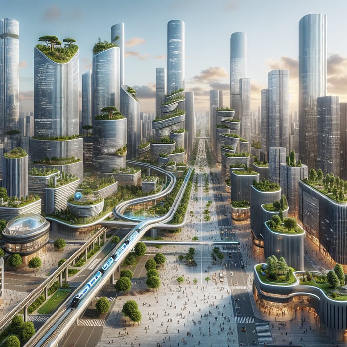 Futuristic Urban Landscape with Green Spaces & Efficient Transport