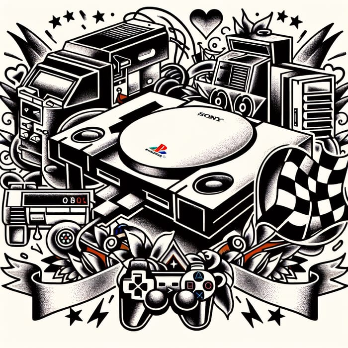 Vintage Playstation One with V8 Engine in American Tattoo Style