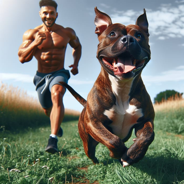 Playful Pitbull and Athletic Man Frolicking in a Green Field