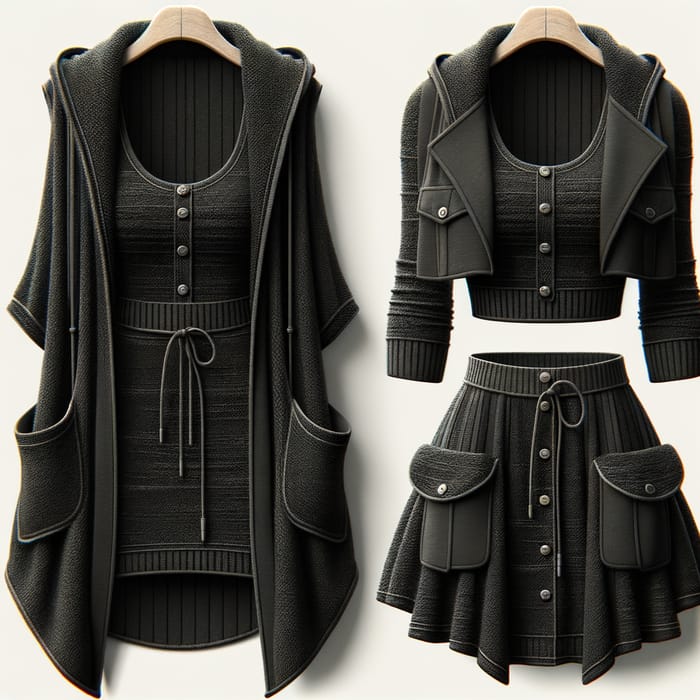 Elegant Two-Piece Dress & Jacket Set with Adjustable Waist | Black