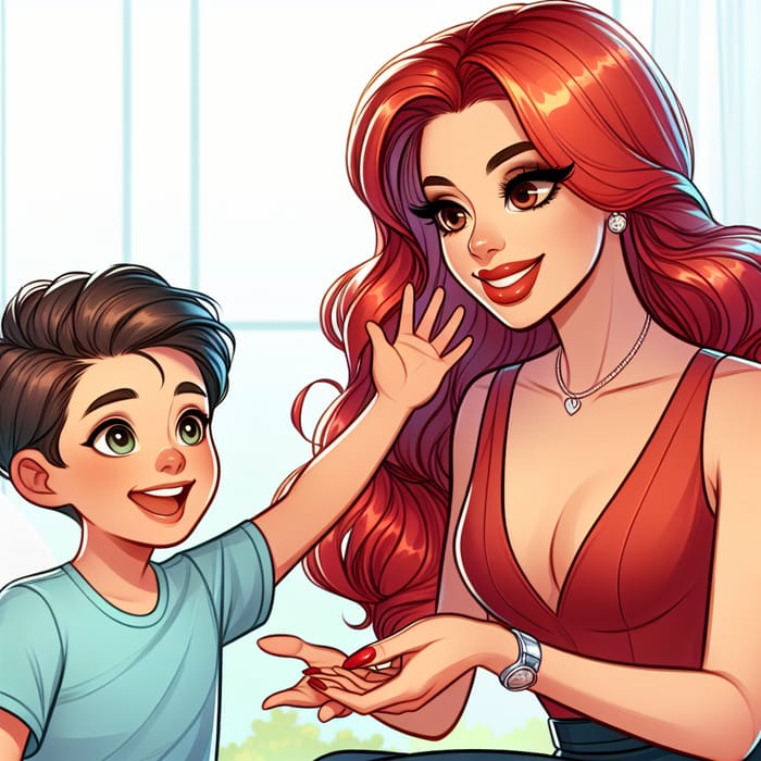 Cartoon Illustration: Redhead Babysitter & Hispanic Boy | Heartwarming Connection
