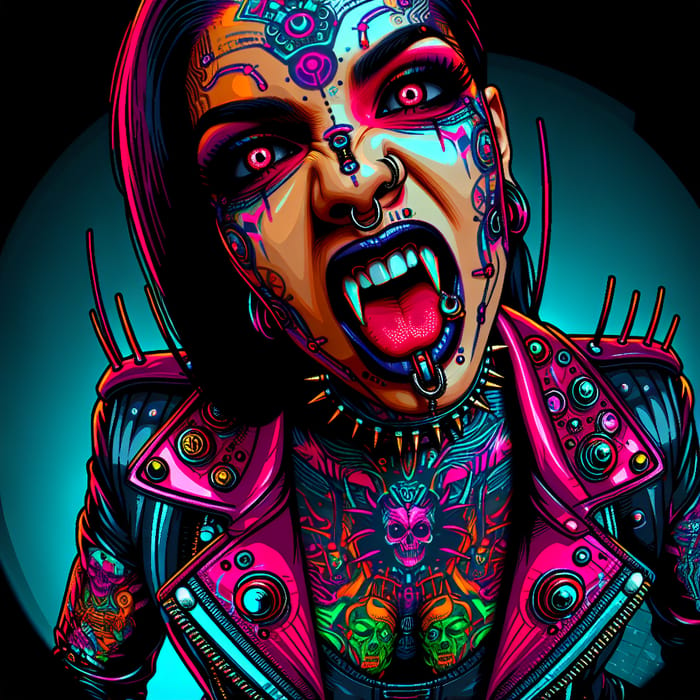 Hispanic Punk Rock Vampire Cyborg Woman | Vibrant Neon Colors