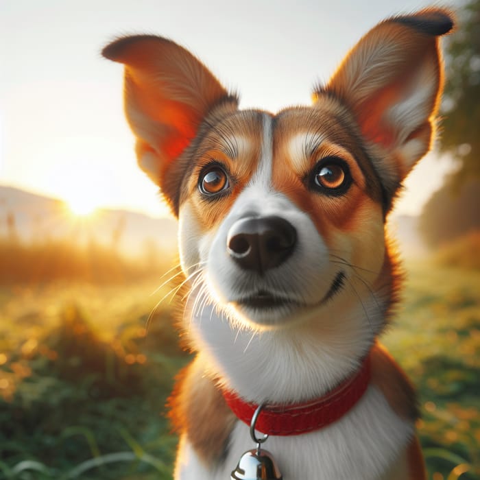 Adorable Mixed Breed Dog in Grassy Field at Sunrise