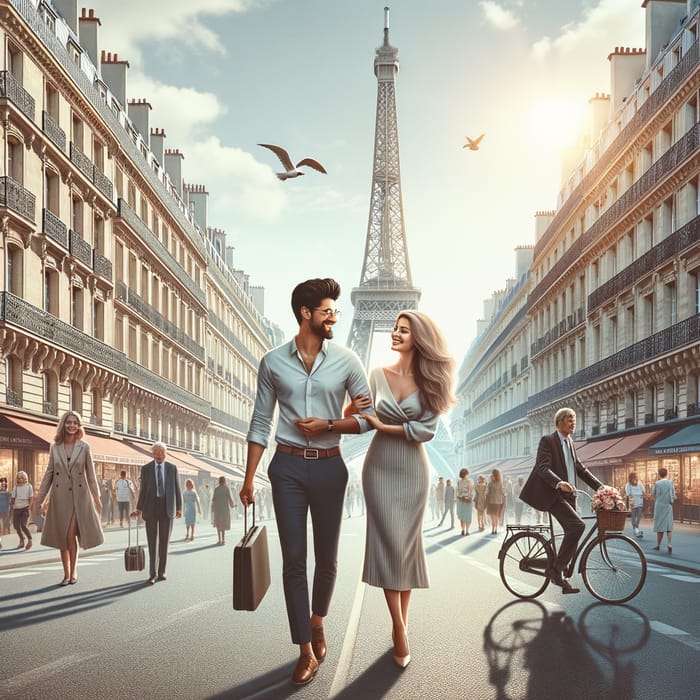 Romantic Couple in Paris, France | Realistic Style & Eiffel Tower View