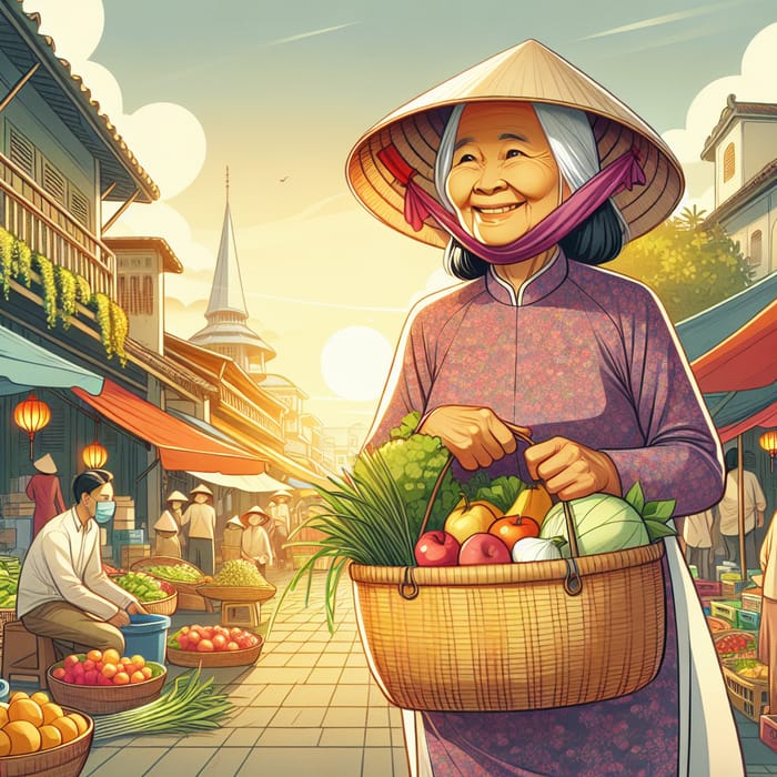 Elderly Vietnamese Woman Shopping Illustration - Tranhs-ba-nam-di-mua-sam