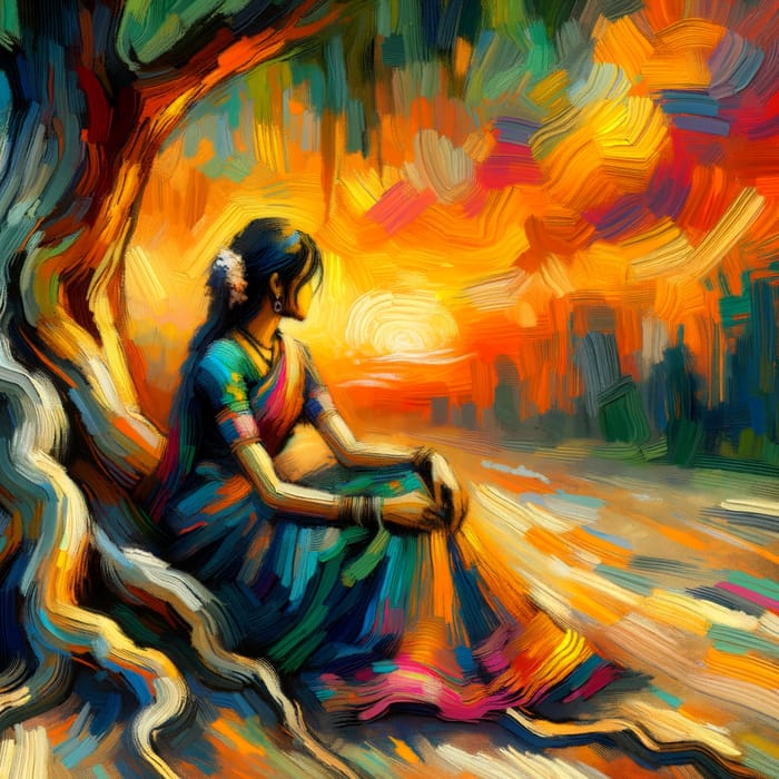 South Asian Girl in Traditional Attire By Tree - Abstract Art