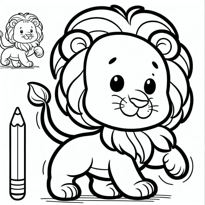 Classic Playful Lion Coloring Image - Kid-Friendly Black and White Design