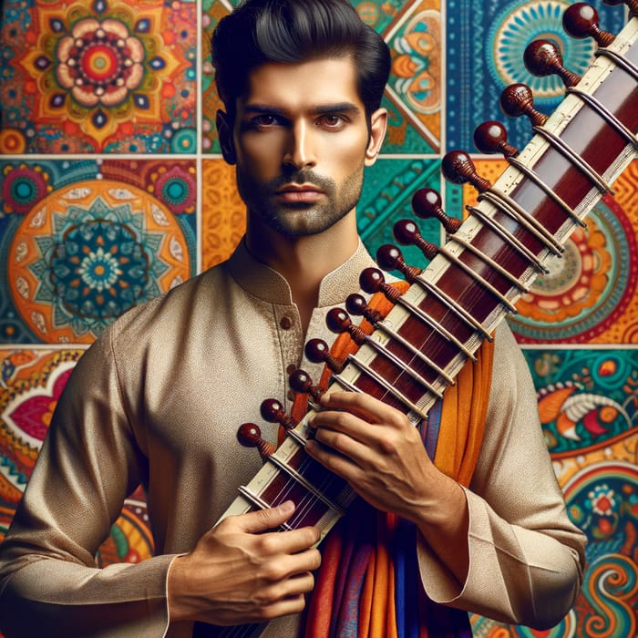 Indian Man Embracing Traditional Heritage with Sitar