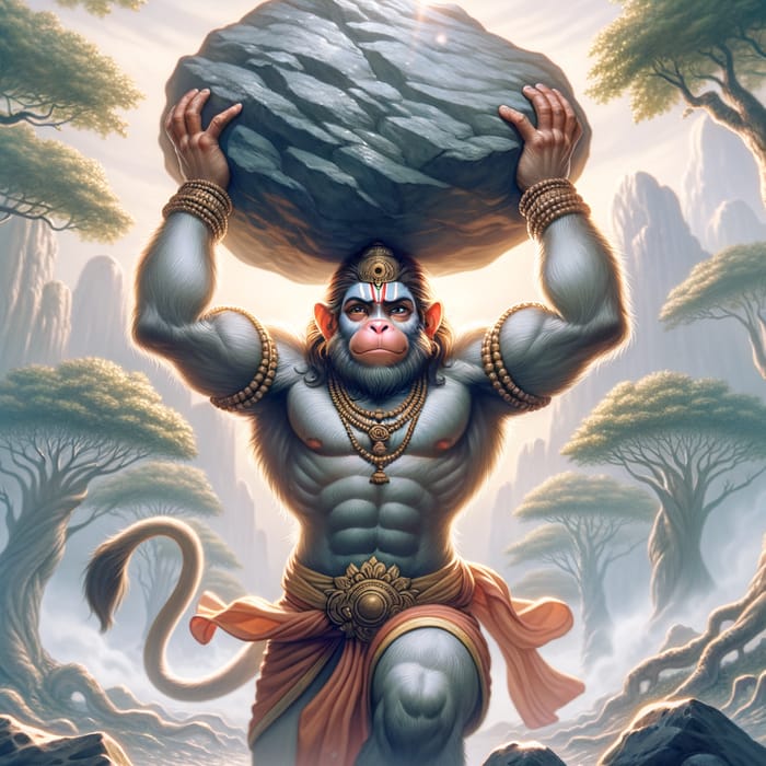 Hanuman ji Lifting Mountain - Mythical Illustration in Stunning Detail