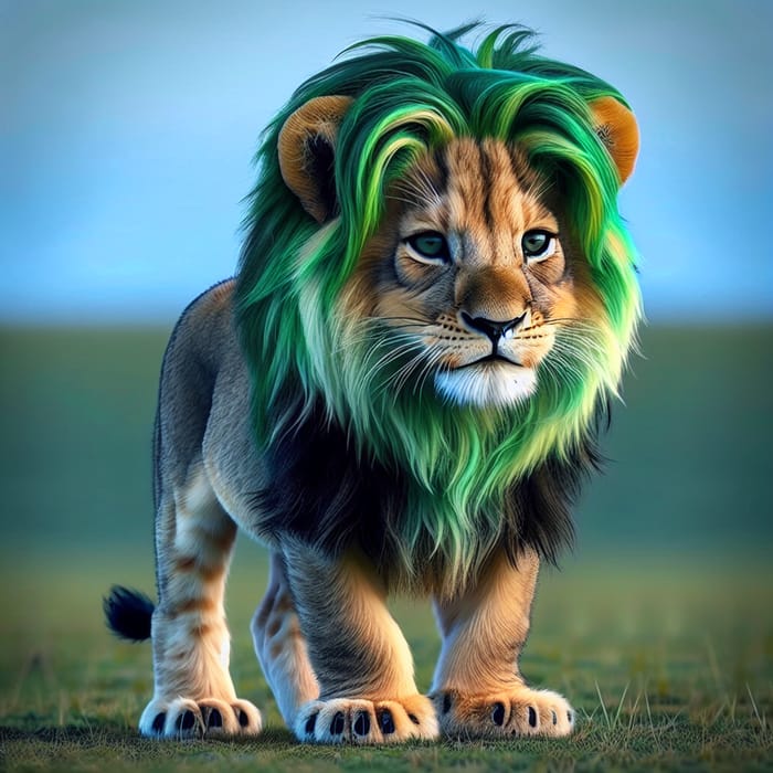 Small Male Lion with Green Mane in Majestic Pose