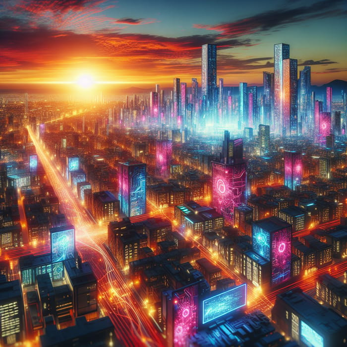 Vibrant Cyberpunk Cityscape at Sunset | Futuristic Neon Lights