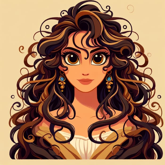 Enchanting Gypsy Character with Brown Eyes and Curly Hair