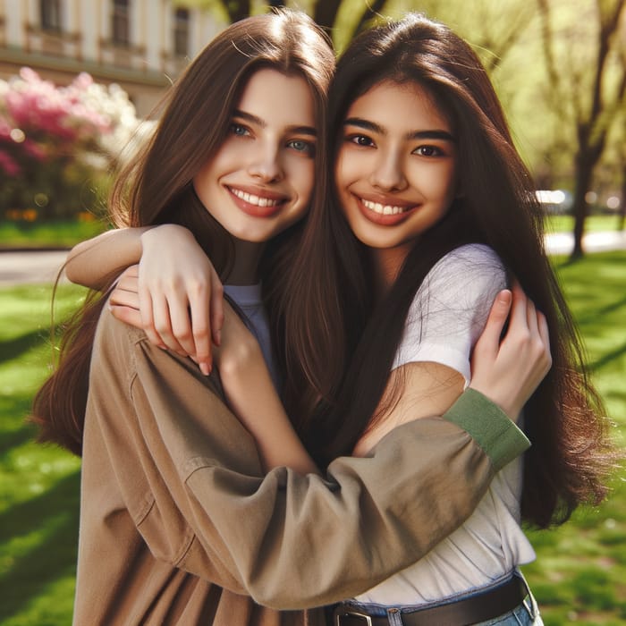 Heartwarming Embrace of Diverse Girls in Sunny Park