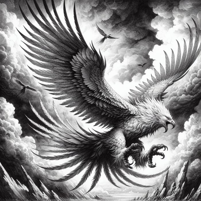 Majestic Semurg: Detailed Ink Wash Painting in Tumultuous Sky