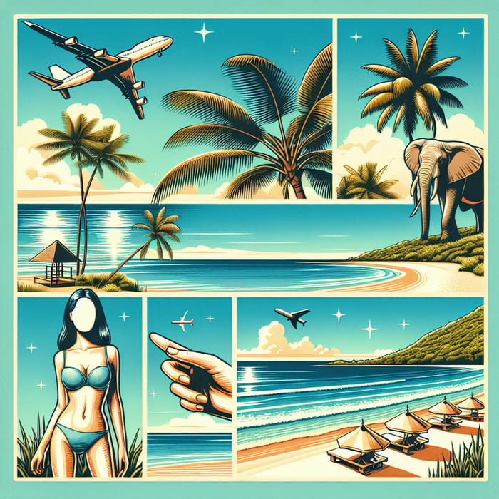 Tropical Beach Scene with Elephant, Palm Trees, and Airplane