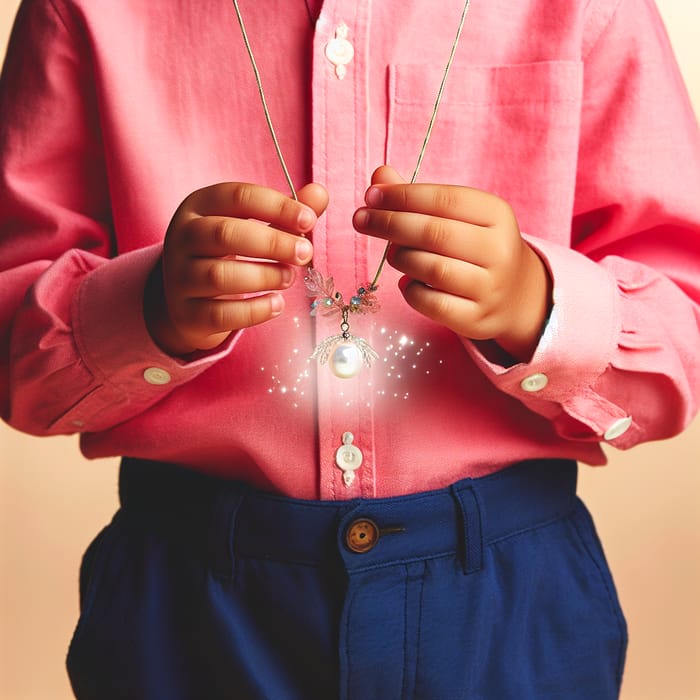 Hispanic Boy in Pink Shirt with Magical Pearl Necklace