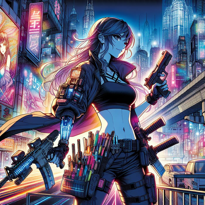Cyberpunk Anime Coloring Book: Badass Girl in Futuristic Cityscape