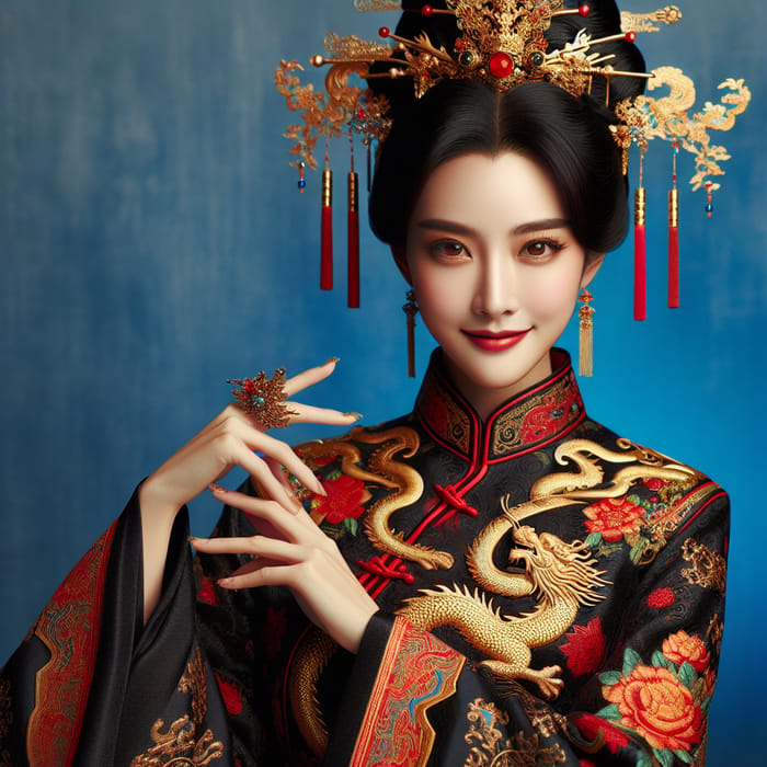 Elegant Chinese Woman in Black and Gold Attire | Smiling Gracefully