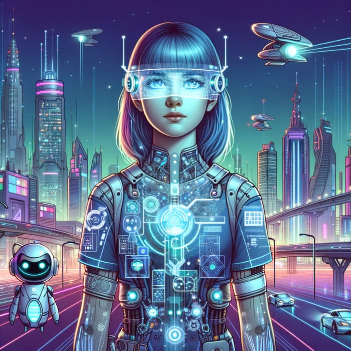 Futuristic Young Girl with Hi-Tech Visor and Robotic Companion